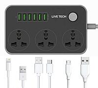 Live Tech PS 06 Surge Protector – 3 Power Cables, 6 Outlets, 1500 Joules, Overload Protection, LED Indicator, Compact Design, Ideal for Home and Office, Safeguard Your Devices from Surges.