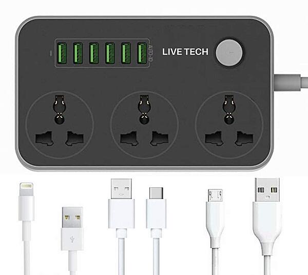 Live Tech PS 06 Surge Protector – 3 Power Cables, 6 Outlets, 1500 Joules, Overload Protection, LED Indicator, Compact Design, Ideal for Home and Office, Safeguard Your Devices from Surges.