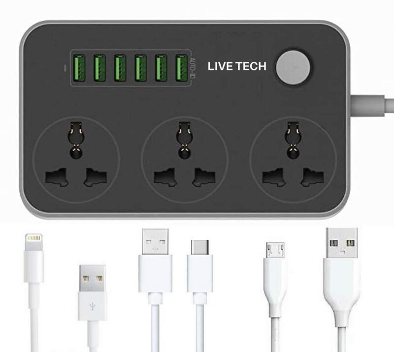 Live Tech PS 06 Surge Protector – 3 Power Cables, 6 Outlets, 1500 Joules, Overload Protection, LED Indicator, Compact Design, Ideal for Home and Office, Safeguard Your Devices from Surges.