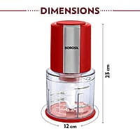 Borosil Chef Delite 300 Watts Electric Chopper for Kitchen, Twin Blade Technology, 600 ml 'chop-n-store' plastic bowl with lid, Vegetable Chopper, Cutter, Chop, Mince, Dice, Whisk, Blend, Red