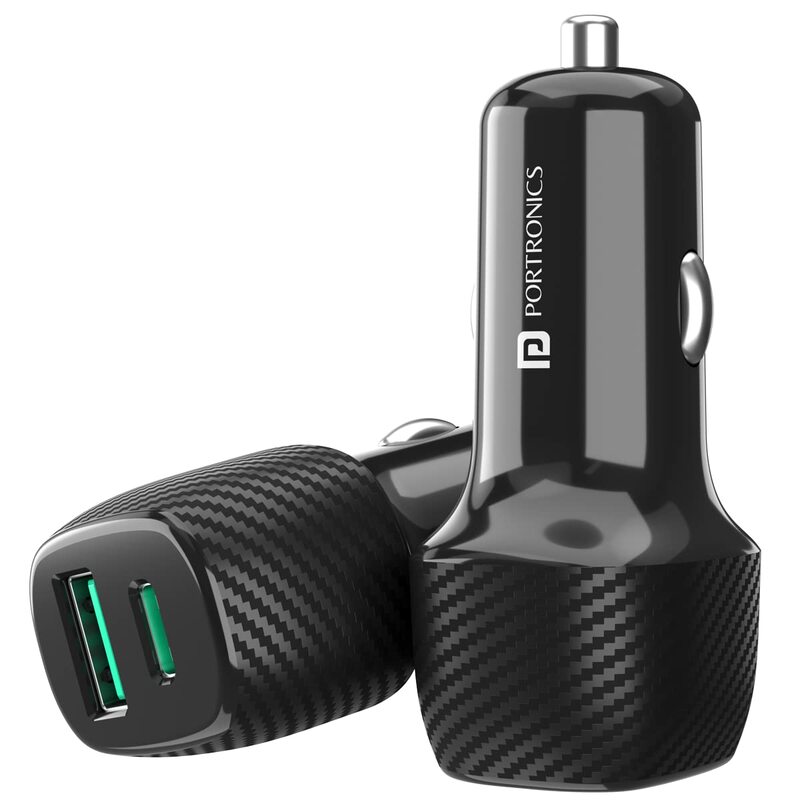 Portronics 43W Dual Output Car Charger 25W Type-C PD + 18W USB Fast Charging Black