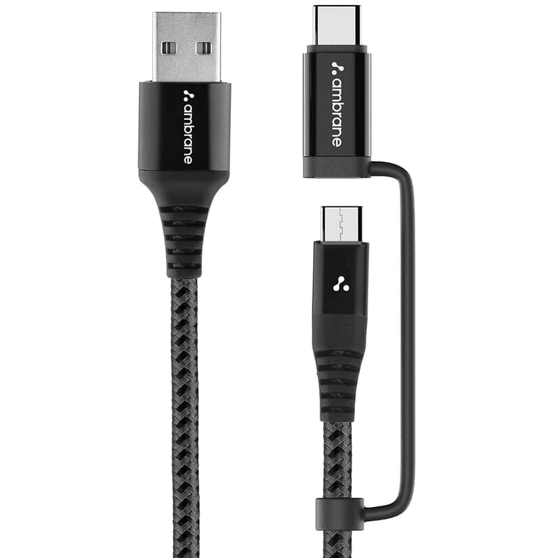 Ambrane 2 in 1 Type-C & Micro USB Cable with 3A Fast Charging Mobile Cable, 480 mbps Data Sync
