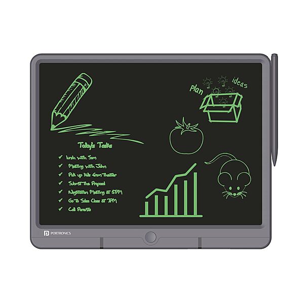 Portronics Ruffpad 15 – 15" LCD Writing Pad, Grey. Perfect for notes, sketches, and reminders. Lightweight, portable, and eco-friendly. Easy to use with a simple erase button. Ideal for all ages.