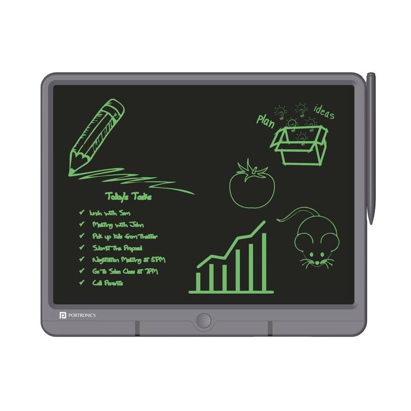 Portronics Ruffpad 15 – 15" LCD Writing Pad, Grey. Perfect for notes, sketches, and reminders. Lightweight, portable, and eco-friendly. Easy to use with a simple erase button. Ideal for all ages.