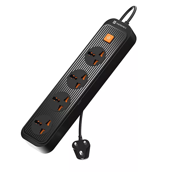 Portronics Power Plate 12 Extension Board – 4 Sockets, 1500W, 2m Cord, Black
