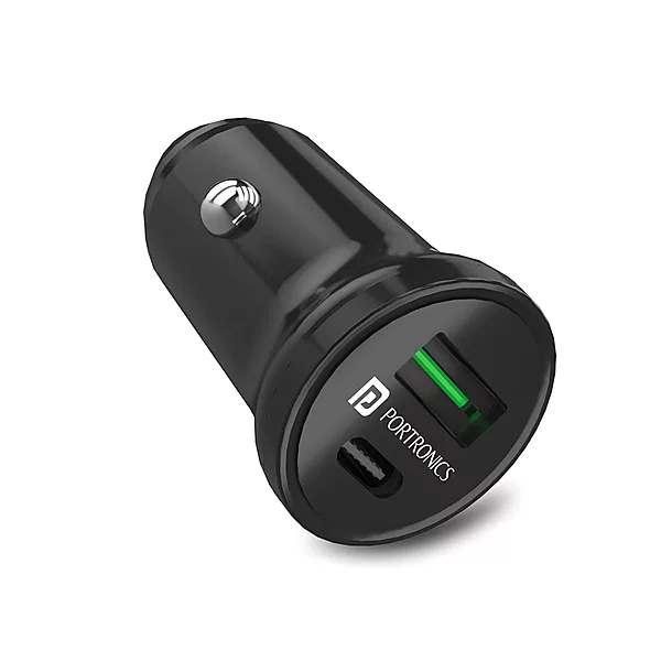 Portronics 38W Dual Output Car Charger – 20W Type-C PD & 18W USB Fast Charging for iPhone & Android