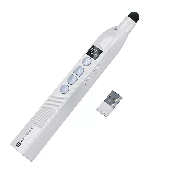 Portronics SlideMate 2 Wireless Presenter – Black. This sleek device features a built-in laser pointer, USB receiver, and ergonomic design, perfect for seamless presentations and easy navigation.