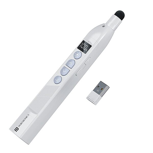 Portronics SlideMate 2 Wireless Presenter – Black. This sleek device features a built-in laser pointer, USB receiver, and ergonomic design, perfect for seamless presentations and easy navigation.