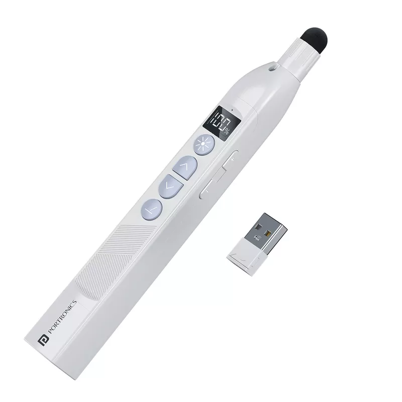 Portronics SlideMate 2 Wireless Presenter – Black. This sleek device features a built-in laser pointer, USB receiver, and ergonomic design, perfect for seamless presentations and easy navigation.