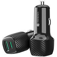 Portronics 43W Dual Output Car Charger 25W Type-C PD + 18W USB Fast Charging Black