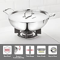 Borosil Cookfresh Triply Stainless Steel 3.6 L (26 Cm) Kadhai with Steel Handle| SS304 Food Grade Steel