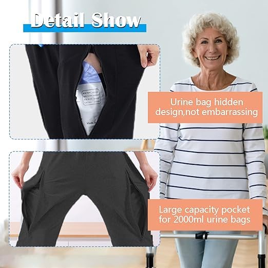 Catheter Leg Bag Pants for Men/Women, Urine Bag Holder Pants with 2 Zippered Side Pockets, Holding 2x2000ml Catheter Bag for Nephrostomy, Foley, Cystostomy, Enterostomy, Urostomy Patients