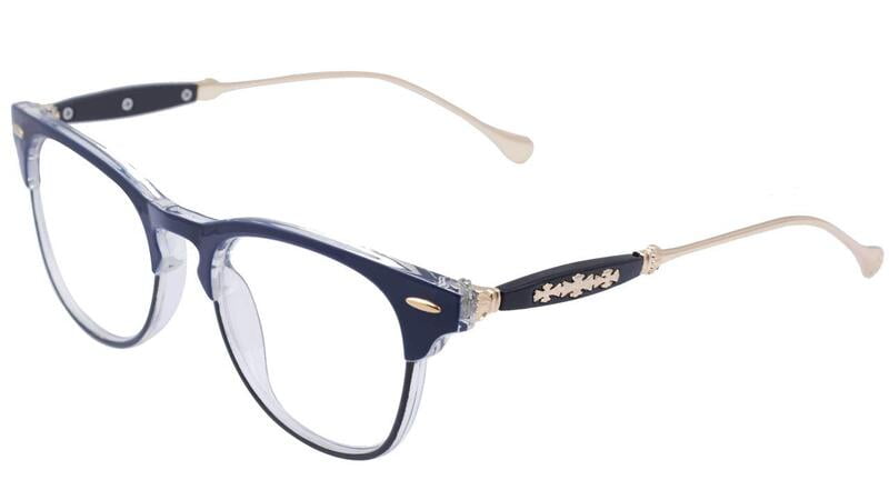 Unisex Square Spectacle Frame. Blue Color Rim. Blue & Gold Color Temple. Transparent ARC Lens.