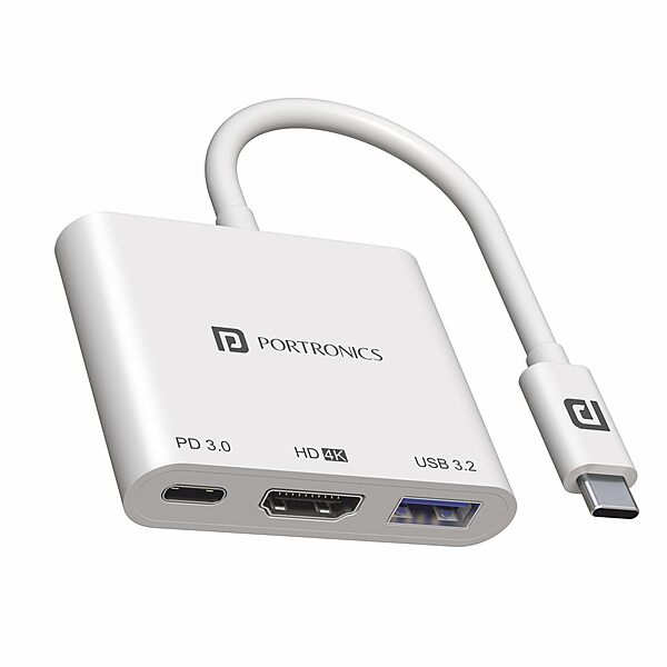 Portronics C-Konnect Type-C to HDMI Adapter (3-in-1) | Multiport USB-C Hub with 4K@30Hz HDMI, USB 3.0 @ 5Gbps, 100W PD Charging Port | For Laptop, MacBook, PC & Other Type-C Devices (White)