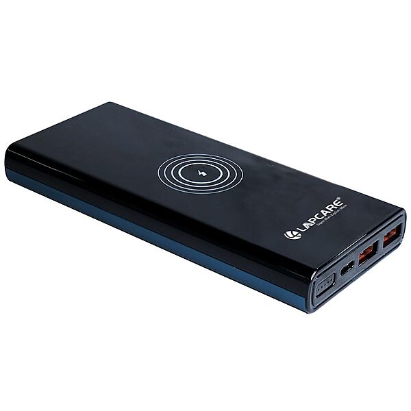 Lapcare MULT I LPB‑453: 10,000 mAh Li‑Polymer power bank with 22.5 W fast wired charging, 15 W wireless charging, dual USB + Type‑C ports, LED indicator & safety protections.