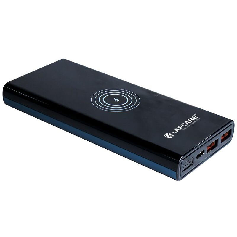 Lapcare MULT I LPB‑453: 10,000 mAh Li‑Polymer power bank with 22.5 W fast wired charging, 15 W wireless charging, dual USB + Type‑C ports, LED indicator & safety protections.