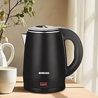 Borosil 1.2L 1350W Cooltouch Multipurpose Electric Kettle | Auto Shut off | Wide Mouth | 304 Food Grade Stainless Steel with Double Wall Cooltouch Exterior | 2 year Warranty | Black