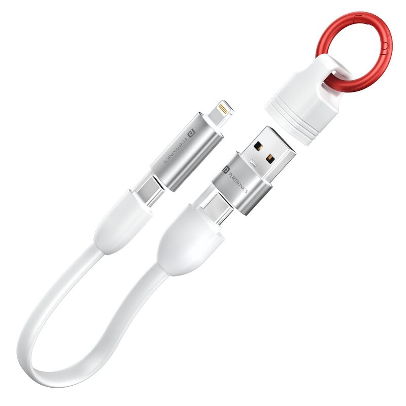 Portronics Keylink 4-in-1 Keychain Cable – 25cm USB, Type-C & Micro-USB for Compact On-the-Go Charging