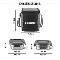 Borosil Feast Stainless Steel Lunch Box with Bag | Set of 3 (400 ml x 2 + 250 ml x 1), Square