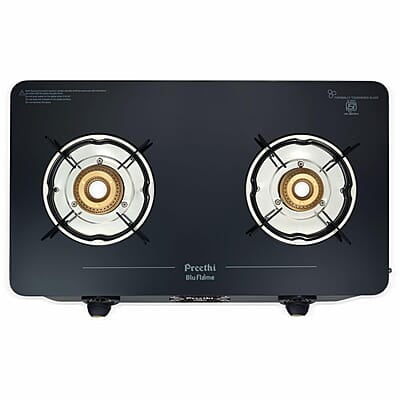 Preethi Alya Glass Top 2 Burner Gas Stove, Manual Ignition