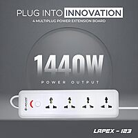 Lapcare LAPEX‑123 extension board: 4 universal sockets with single LED-switch, 2 m cord, 6 A/1440W rating and built‑in surge protection.