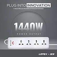 Lapcare LAPEX‑123 extension board: 4 universal sockets with single LED-switch, 2 m cord, 6 A/1440W rating and built‑in surge protection.