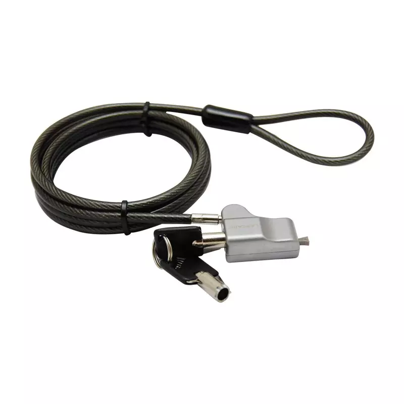 Lapcare LNS‑1803: ultra‑slim nano‑slot security lock with carbon‑steel cable, tubular key mechanism, PVC‑coated 1.8 m length, foam spacer, and 1‑yr warranty