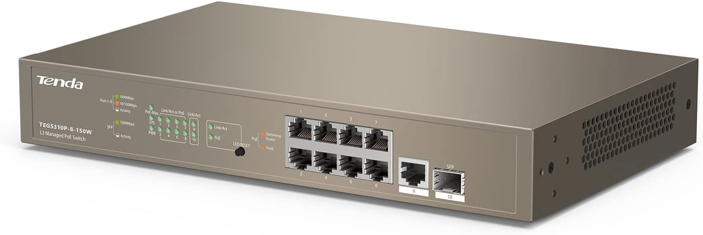 Tenda TEG5310P Layer-3 Gigabit Managed PoE Switch – 10 Ports, 8 PoE+ Ports, 150W Power, Smart Features Tenda TEG5310P Layer-3 Gigabit Managed PoE Switch – 10 Ports, 8 PoE+ Ports, 150W Power, Smart Features