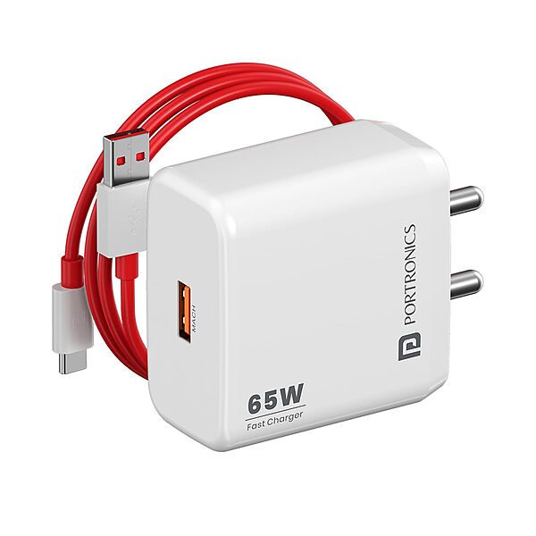 Portronics Adapto 65A Fast Charger (POR 1252) – 65W Super VOOC |  USB-A to Type-C Cable  | White