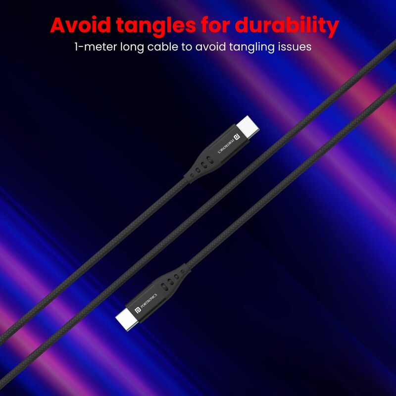 Portronics Konnect C1 – 20W Type-C to Type-C Cable, 1M, durable and fast charging, perfect for smartphones and tablets, supports data transfer, tangle-free design, ideal for everyday use.