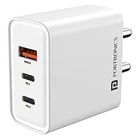 Portronics Adapto 65M 65W Triple Port GaN Fast Charger | Dual Type-C PD + USB-A White