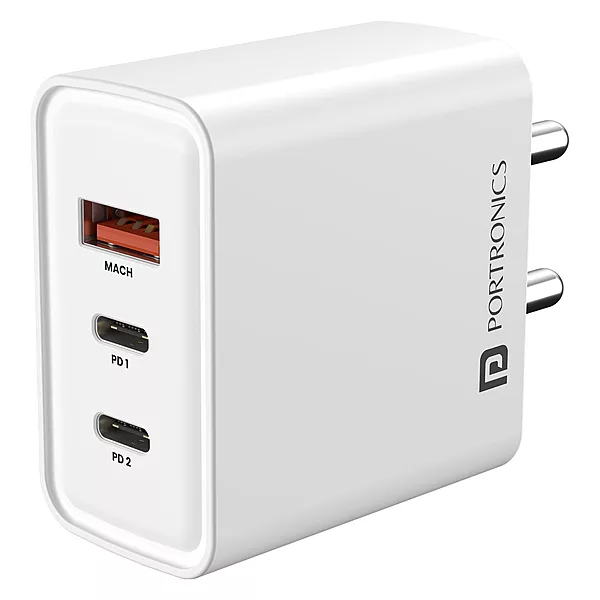 Portronics Adapto 65M 65W Triple Port GaN Fast Charger | Dual Type-C PD + USB-A White