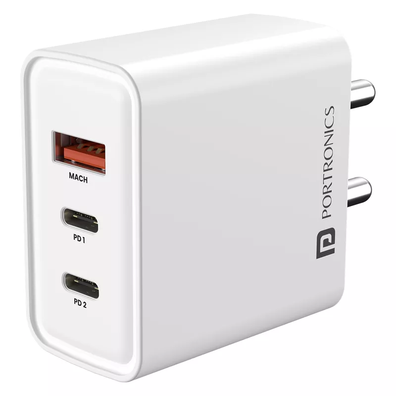 Portronics Adapto 65M 65W Triple Port GaN Fast Charger | Dual Type-C PD + USB-A White