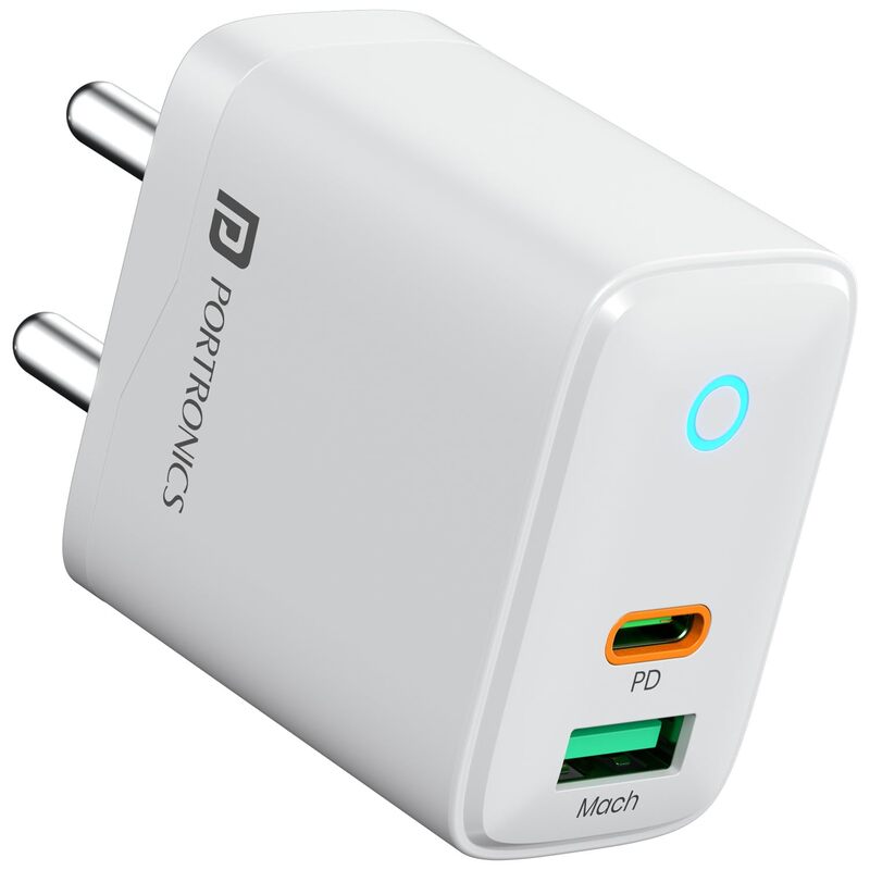 Portronics Adapto 35B 35W Dual Port Wall Charger Type-C PD & USB Fast Charging White
