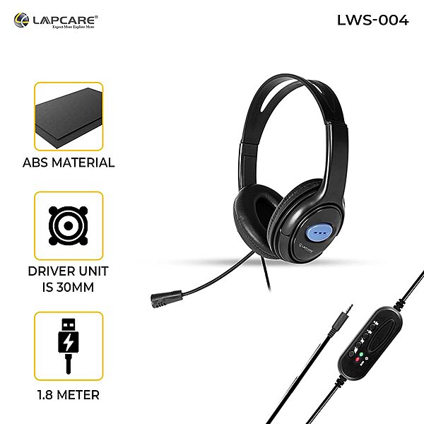 Lapcare LWS-004 Wired Stereo Headset with Mic | On-Ear Headphones with Soft Cushions, 1.8m Cable & Adjustable Mic – Ideal for Online Classes, Office Calls & Gaming