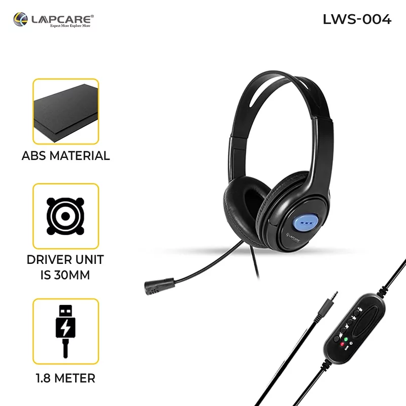 Lapcare LWS-004 Wired Stereo Headset with Mic | On-Ear Headphones with Soft Cushions, 1.8m Cable & Adjustable Mic – Ideal for Online Classes, Office Calls & Gaming