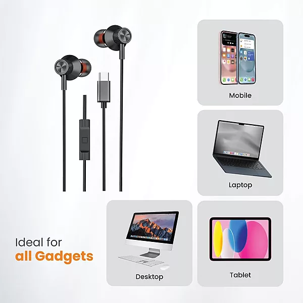 Corseca Sync Beat Wired Earphones – Type-C | 10mm Drivers | Extra Bass | Mic | Black