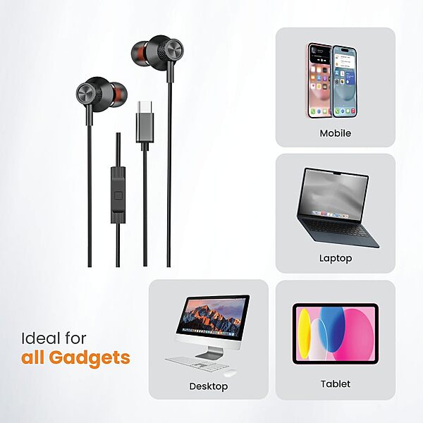 Corseca Sync Beat Wired Earphones – Type-C | 10mm Drivers | Extra Bass | Mic | Black