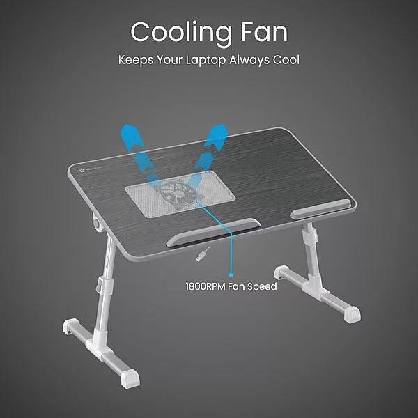 Portronics My Buddy Plus Adjustable Laptop Table with Fan (Black) offers ergonomic design, adjustable height, and built-in cooling fan. Perfect for comfortable work or leisure on your laptop.