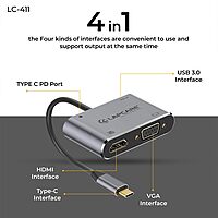 Lapcare LC‑411 Lap‑C 4‑in‑1 docking station: USB 3.0 port, USB‑C PD passthrough, HDMI & VGA video output, plug‑and‑play, lightweight aluminium build.