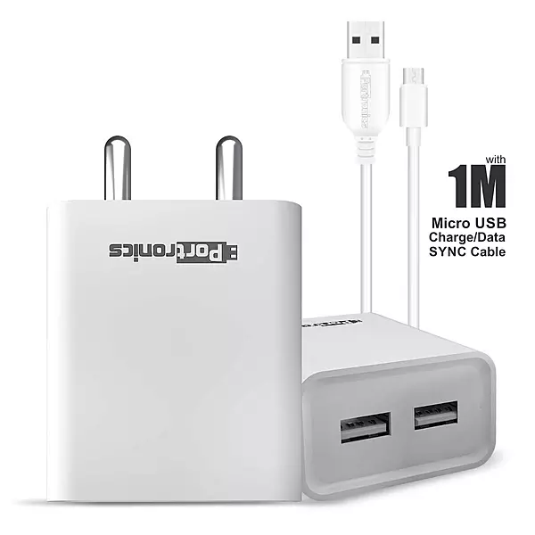 Portronics Adapto 66 Micro USB Charger (POR 1066B) – 2.4A Fast Charging | Dual USB Output |  Black
