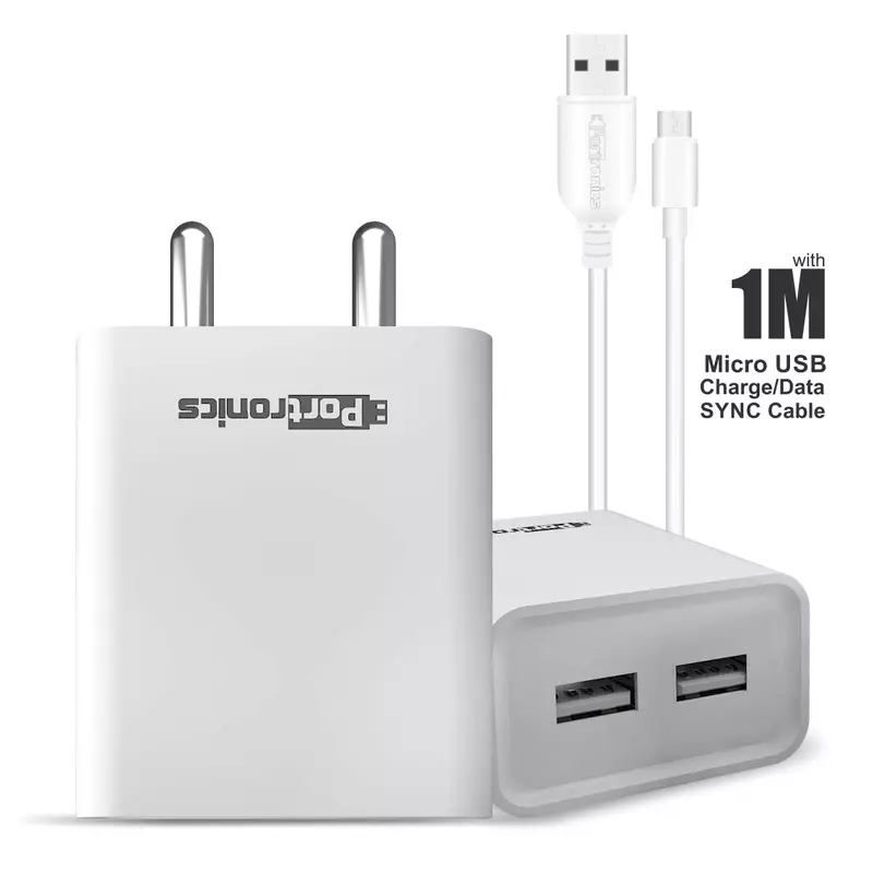 Portronics Adapto 66 Micro USB Charger (POR 1066B) – 2.4A Fast Charging | Dual USB Output |  Black