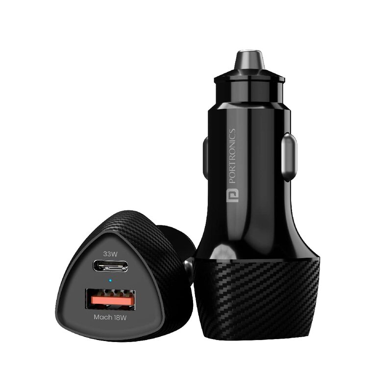 Portronics 51W Car Charger | Dual Output USB & Type-C PD | Fast charging for multiple devices | Compact design | Ideal for travel | Compatible with smartphones, tablets, and more.