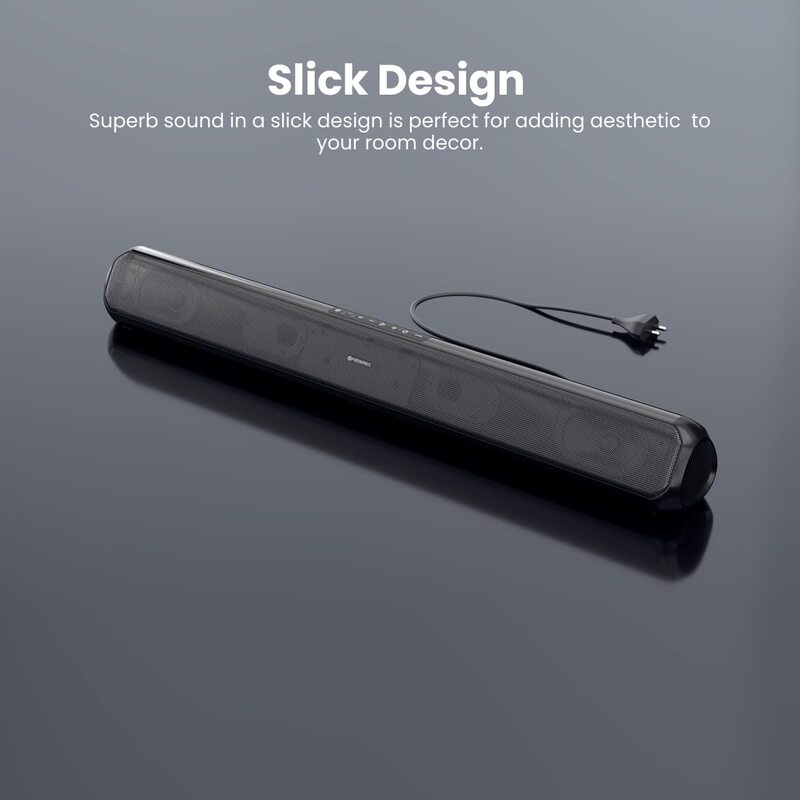 Portronics Sound Slick 6 – 60W Wireless Soundbar with Remote Control. Enjoy immersive sound quality, sleek design, and easy connectivity for an enhanced audio experience at home.