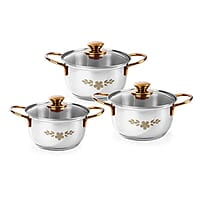 Wonderchef Gold Stanton Stainless Steel 3 piece Casserole Set with Glass Lid Set of 3 (1.6L, 2.3L, 3.1L)