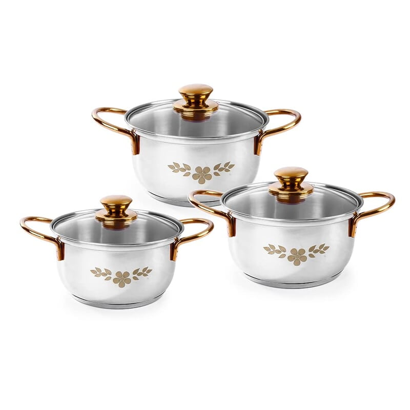 Wonderchef Gold Stanton Stainless Steel 3 piece Casserole Set with Glass Lid Set of 3 (1.6L, 2.3L, 3.1L)