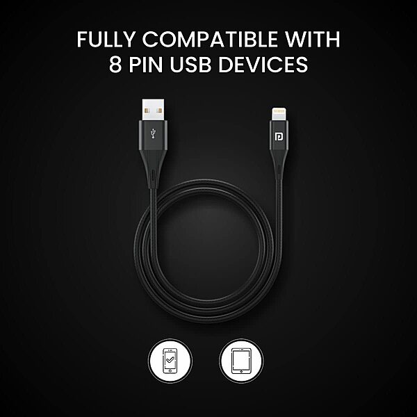 Portronics Konnect B+ 8-Pin USB Cable – 1M, 3A Fast Charging & Data Transfer, Durable Design, White
