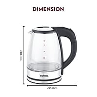 Borosil Electric Glass Kettle, Borosilicate Glass, Extra Long Cord, Dry-boil Protection, 360° Rotating Base, 1.8 L, Transparent