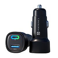Portronics 80W Dual Output Car Charger Type-C PD & USB Fast Charging with LED Indicator Black
