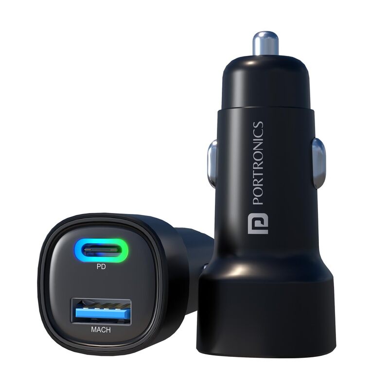 Portronics 80W Dual Output Car Charger Type-C PD & USB Fast Charging with LED Indicator Black